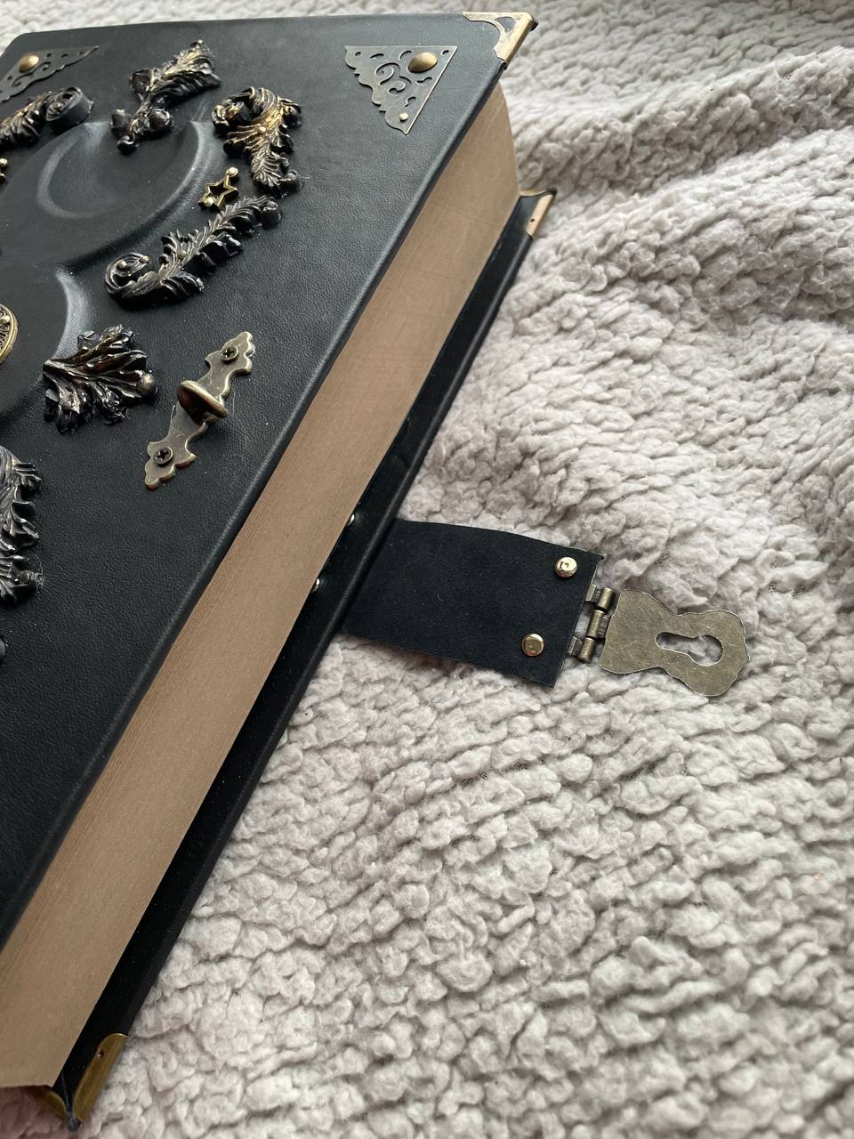 Black Moon Leather Grimoire A4 • Handmade Spellbook with Bronze Decor & Lock • Gothic Witch Journal