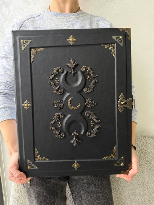 Black Moon Leather Grimoire: Gothic Witch Journal Large Size Esoteric Grimoire Handmade Book