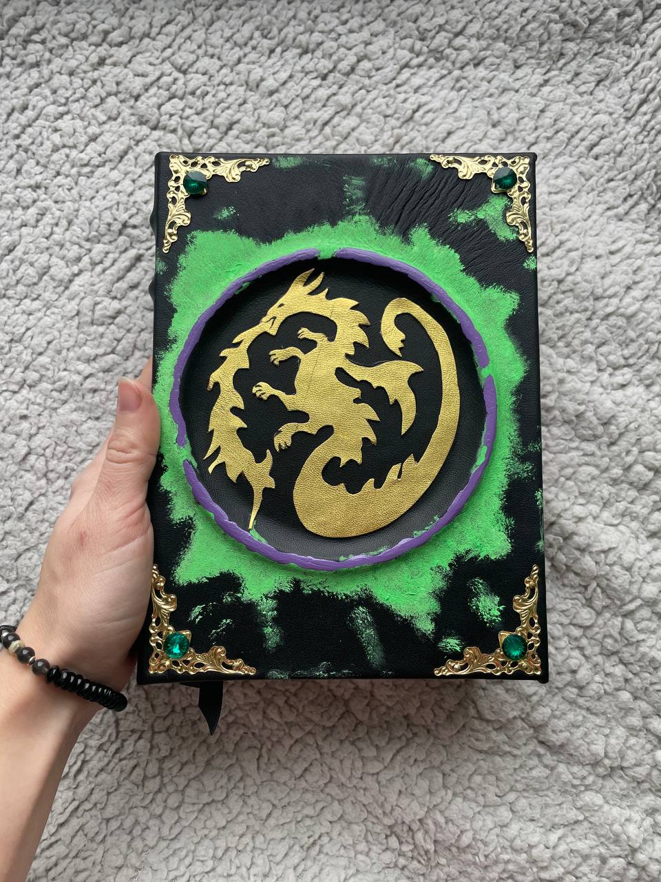 Maleficent Replica Spell Book with Golden Dragon - Hand-Painted Fantasy Book