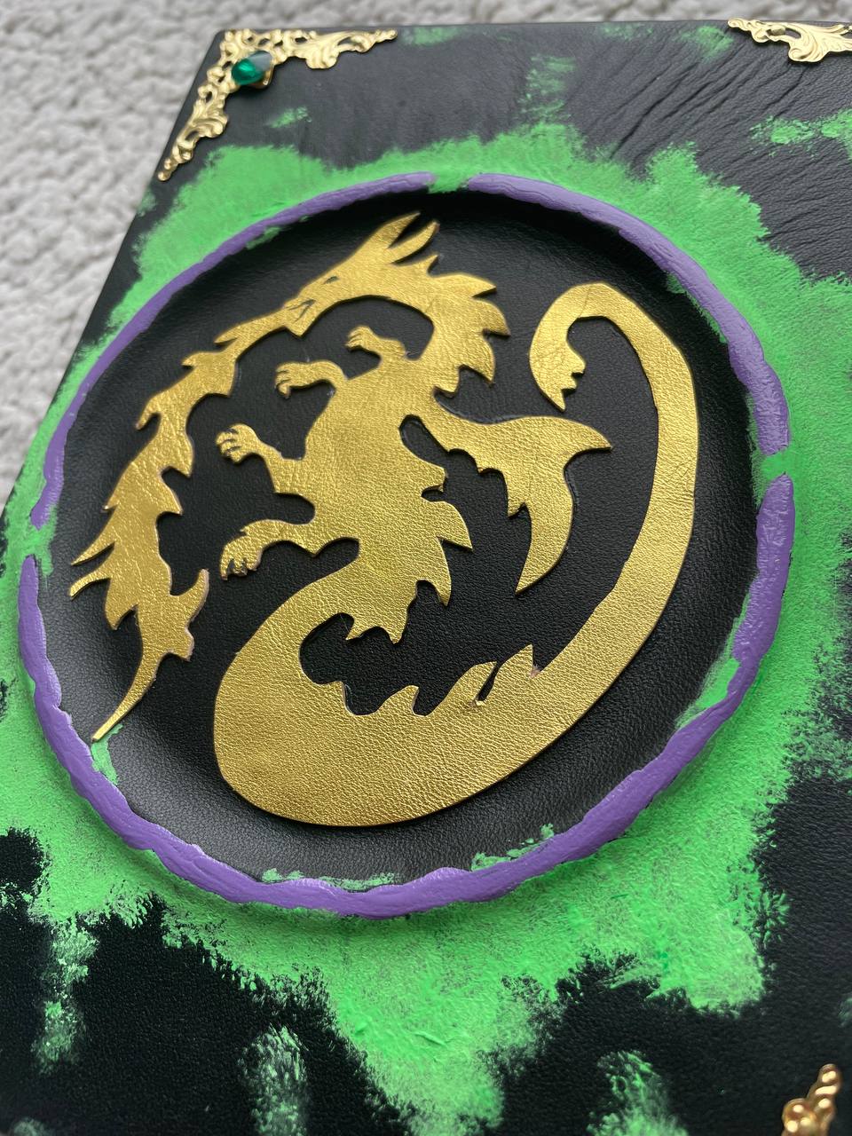 Maleficent Replica Spell Book with Golden Dragon - Hand-Painted Fantasy Book
