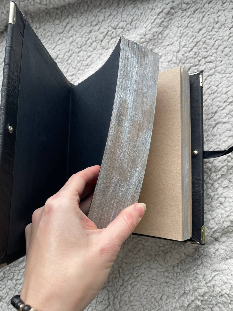 Black Agate Grimoire - Handmade Leather Spell Book, Gothic Journal with Silver Edges