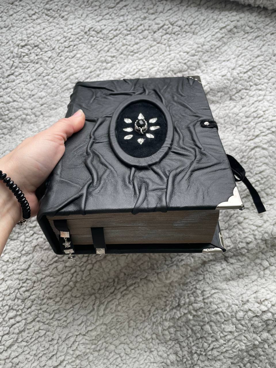 Black Agate Grimoire - Handmade Leather Spell Book, Gothic Journal with Silver Edges