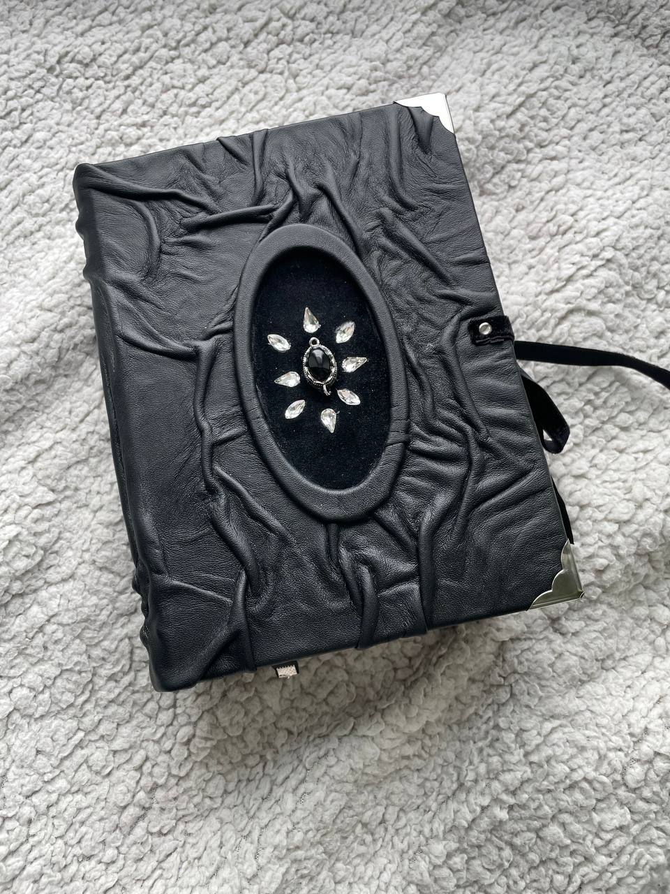 Black Agate Grimoire - Handmade Leather Spell Book, Gothic Journal with Silver Edges
