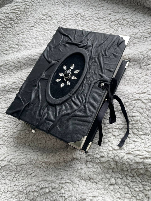 Black Agate Grimoire - Handmade Leather Spell Book, Gothic Journal with Silver Edges