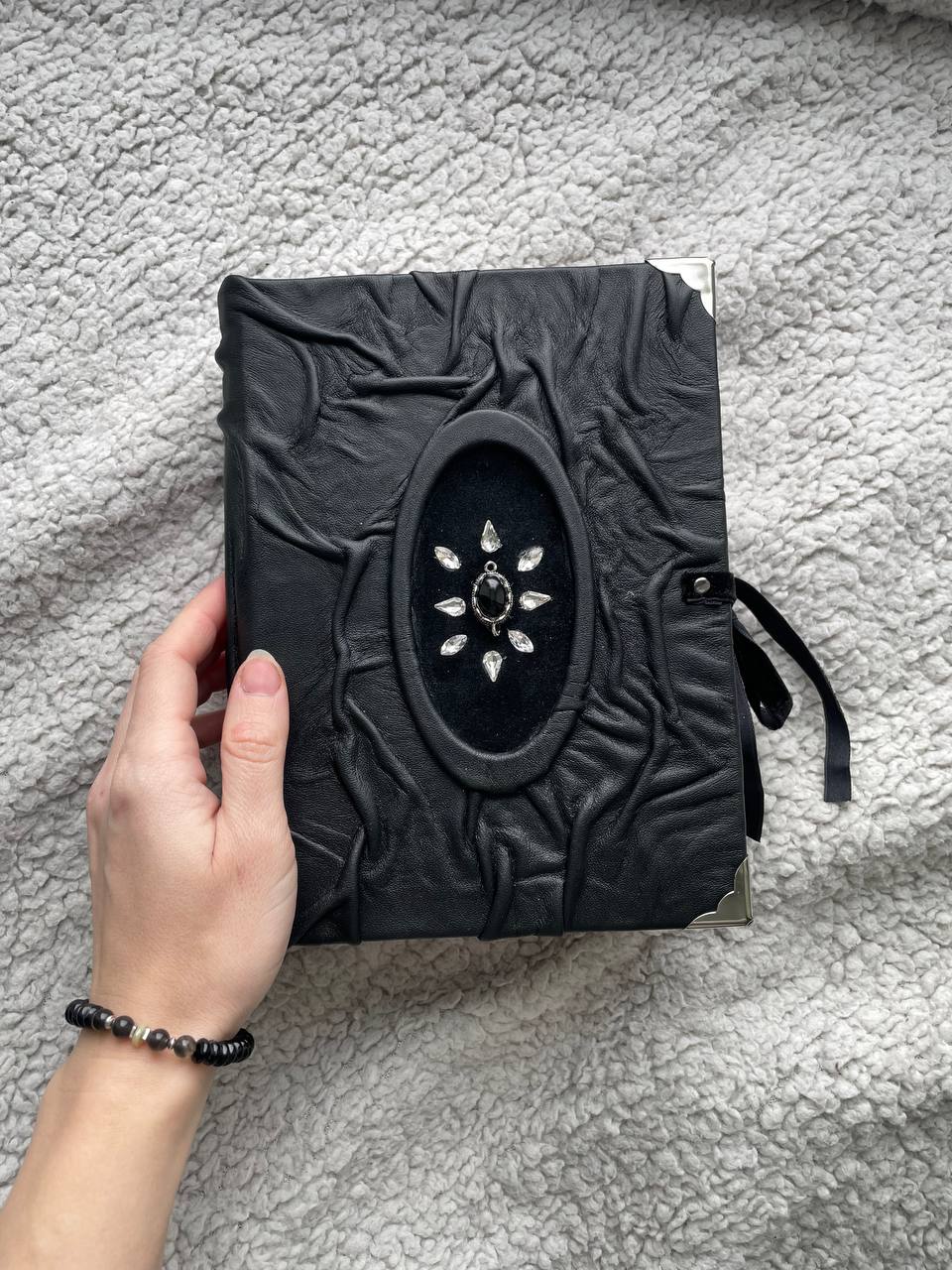 Black Agate Grimoire - Handmade Leather Spell Book, Gothic Journal with Silver Edges