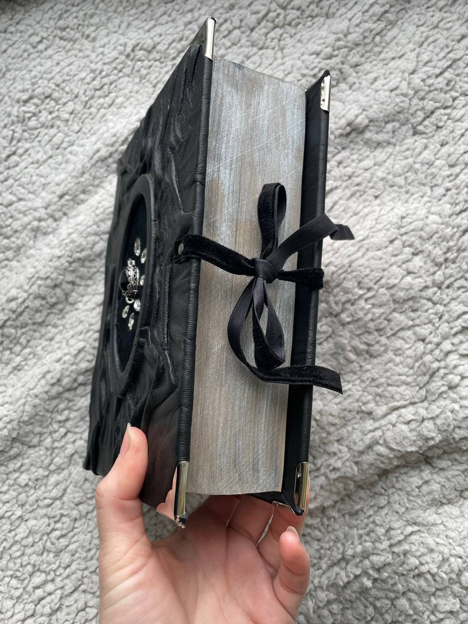 Black Agate Grimoire - Handmade Leather Spell Book, Gothic Journal with Silver Edges