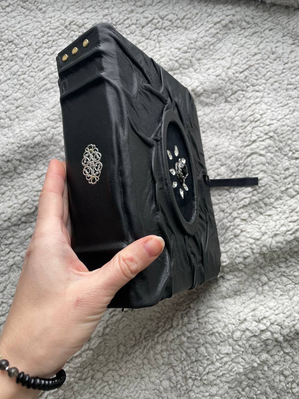 Black Agate Grimoire - Handmade Leather Spell Book, Gothic Journal with Silver Edges