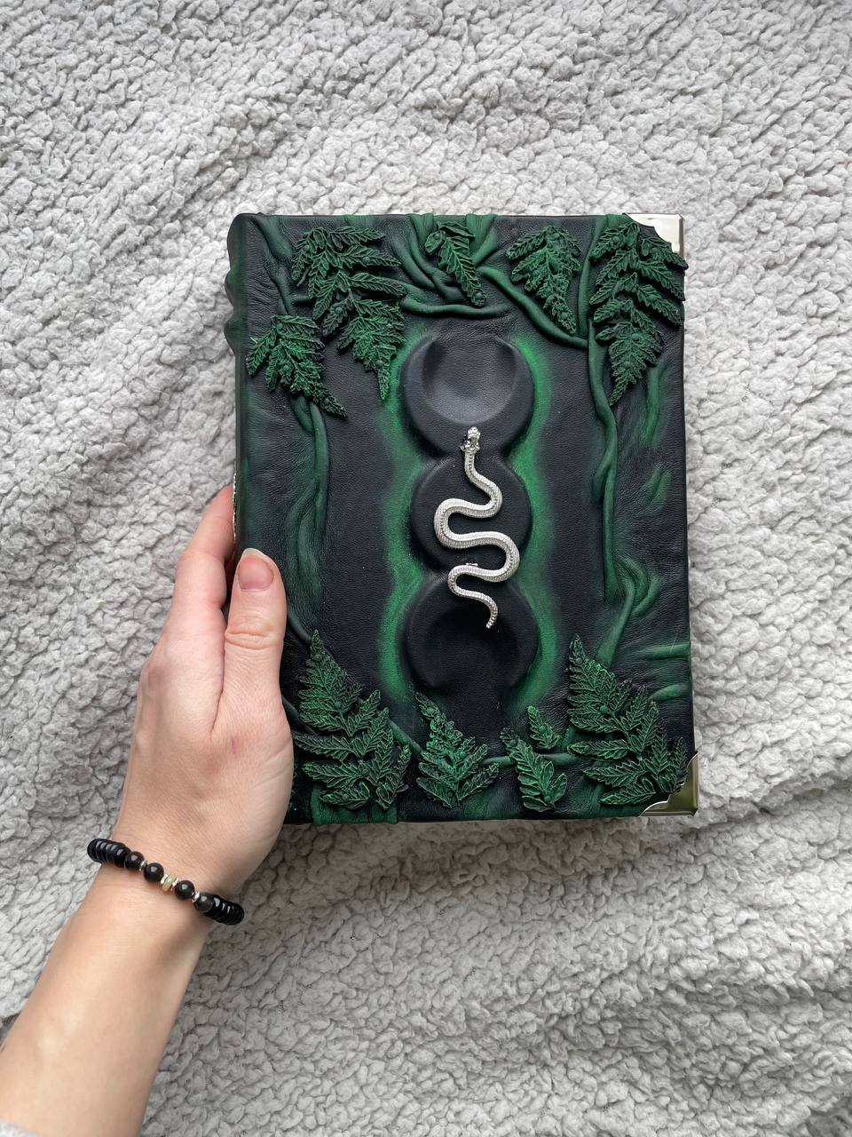 Fern & Serpent Grimoire – Leather Book of Shadows with Triple Moon, Gothic Witch Journal