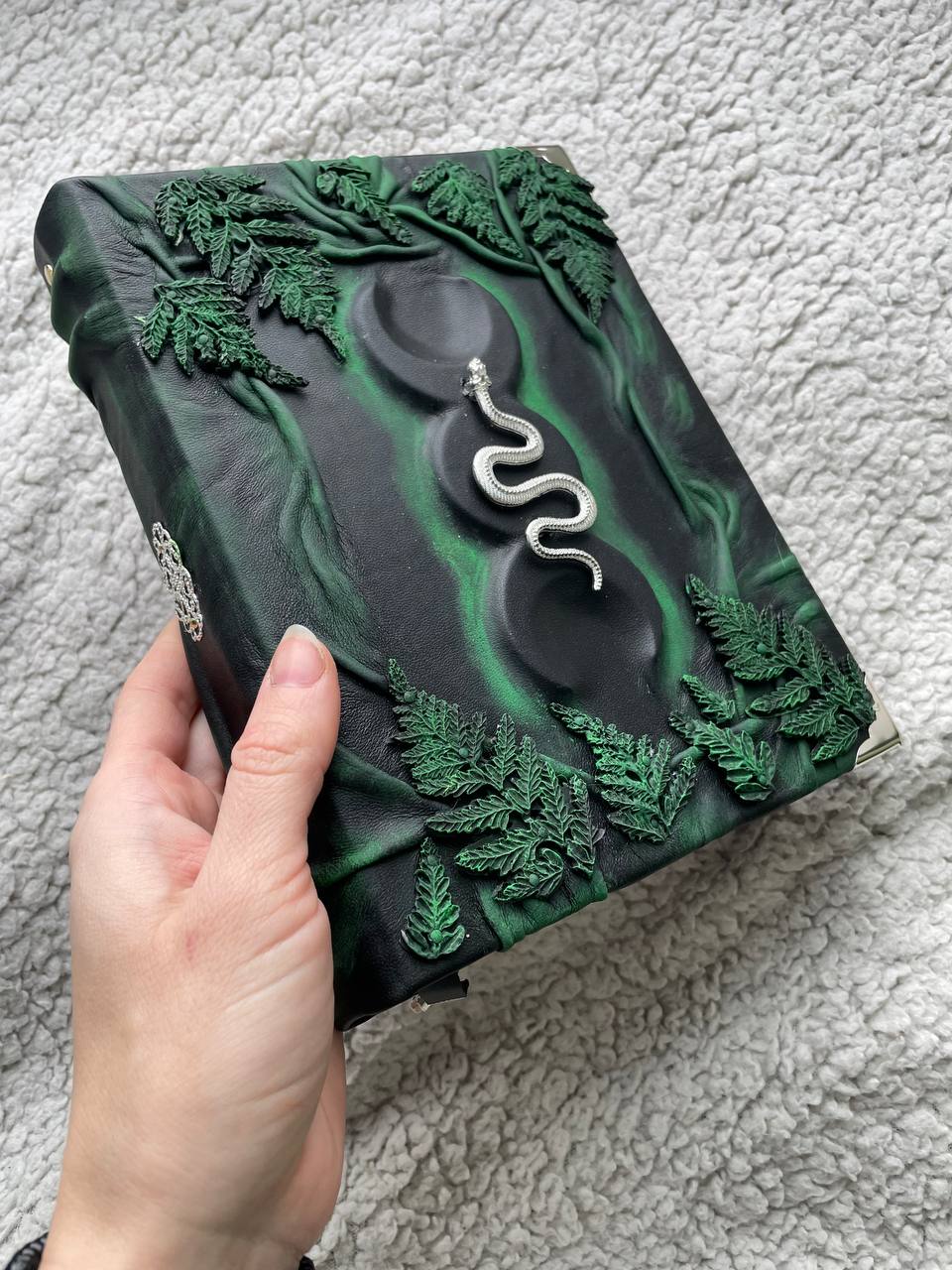 Fern & Serpent Grimoire – Leather Book of Shadows with Triple Moon, Gothic Witch Journal