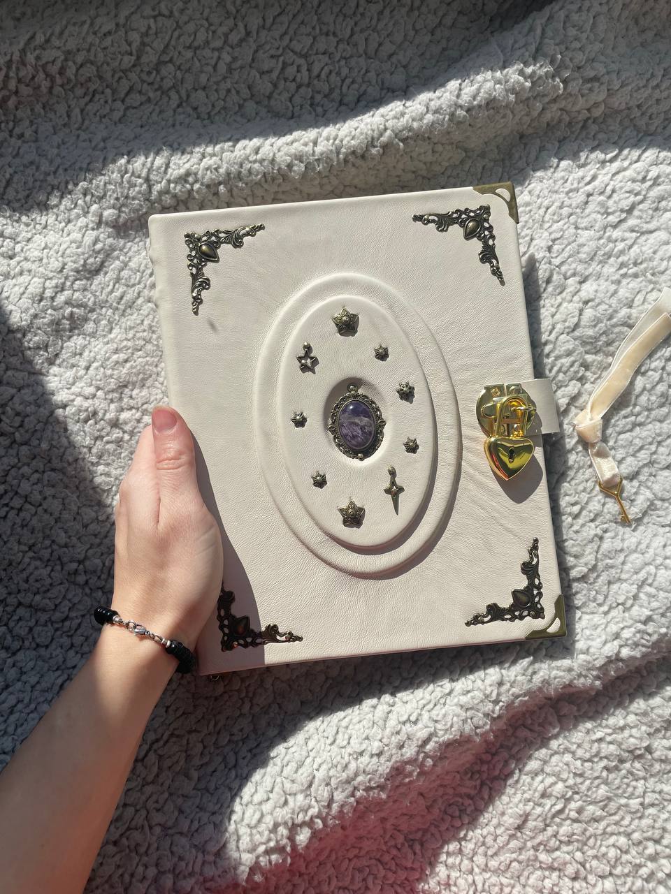 White Leather Binder Spiritual Journal – Ring Planner with Heart Lock and Amethyst Stone