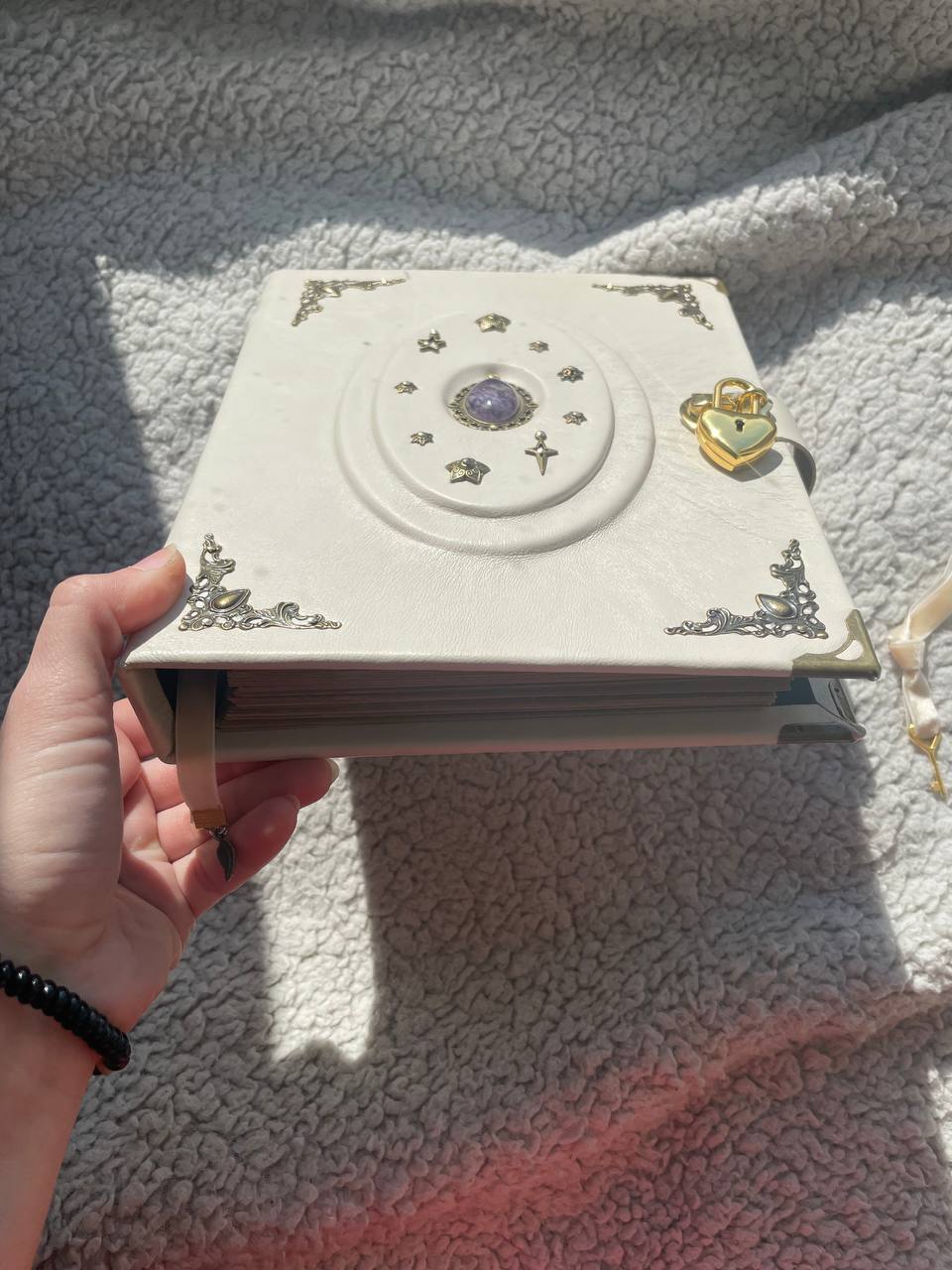 White Leather Binder Spiritual Journal – Ring Planner with Heart Lock and Amethyst Stone