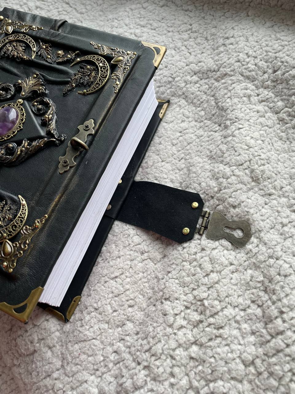 Amethyst Moon Grimoire – Leather Art Journal with Watercolor Pages, Moons Design, Handmade Spell Book