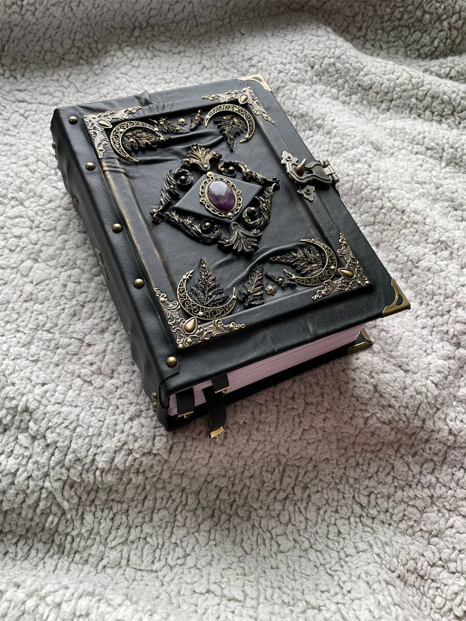 Amethyst Moon Grimoire – Leather Art Journal with Watercolor Pages, Moons Design, Handmade Spell Book