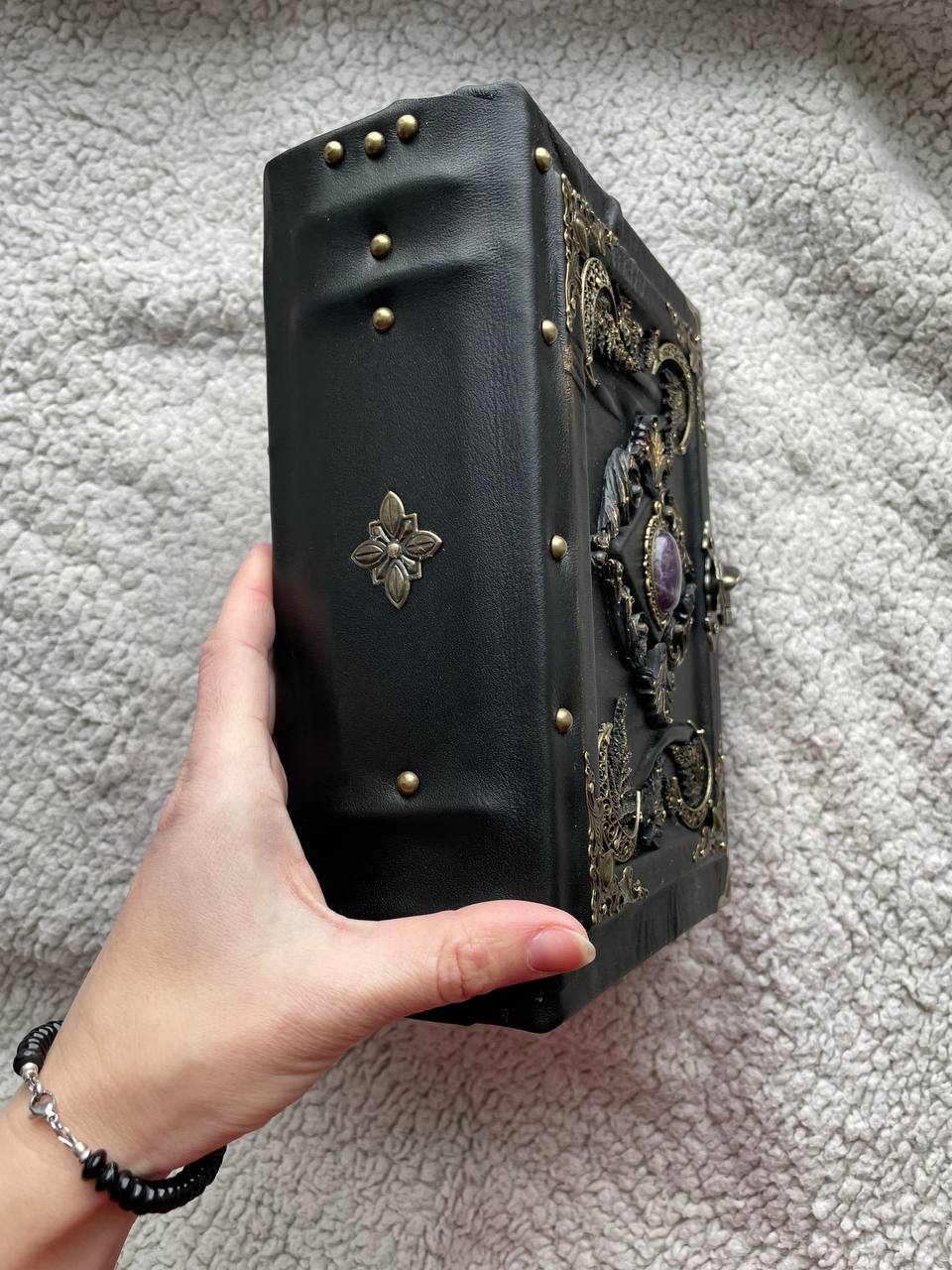 Amethyst Moon Grimoire – Leather Art Journal with Watercolor Pages, Moons Design, Handmade Spell Book