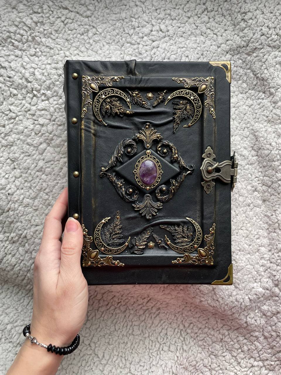 Amethyst Moon Grimoire – Leather Art Journal with Watercolor Pages, Moons Design, Handmade Spell Book