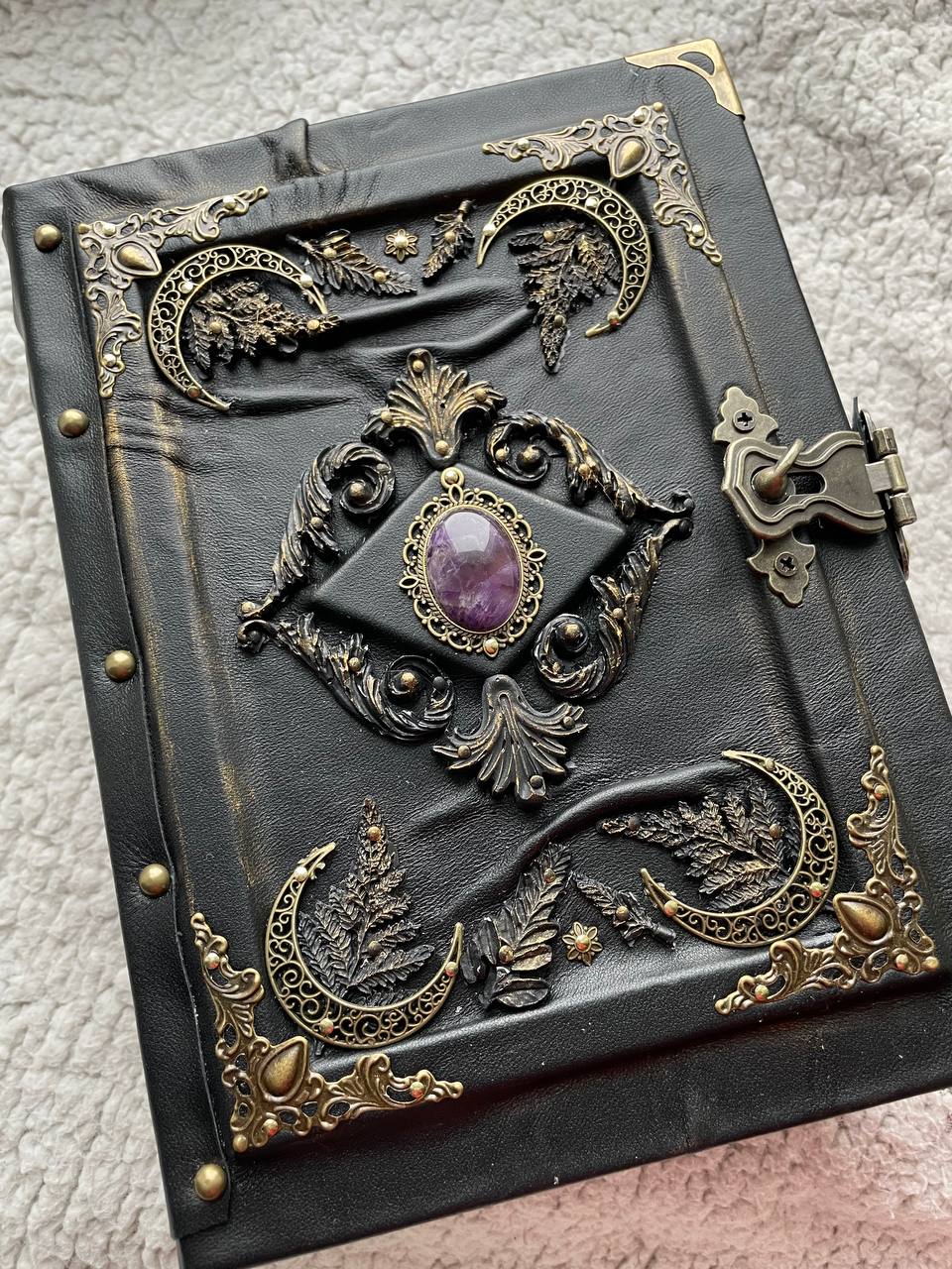 Amethyst Moon Grimoire – Leather Art Journal with Watercolor Pages, Moons Design, Handmade Spell Book