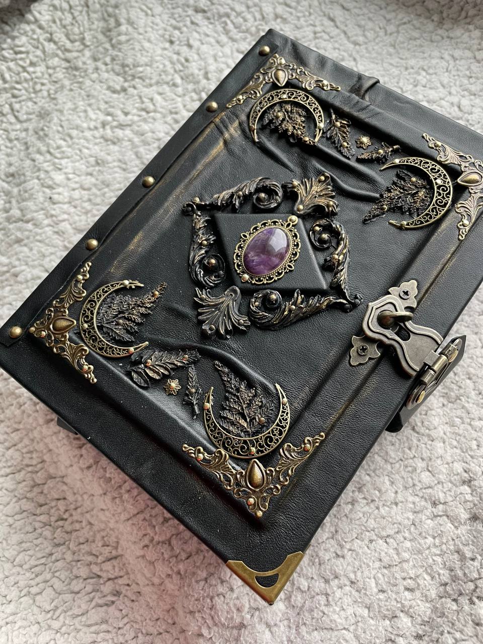 Amethyst Moon Grimoire – Leather Art Journal with Watercolor Pages, Moons Design, Handmade Spell Book