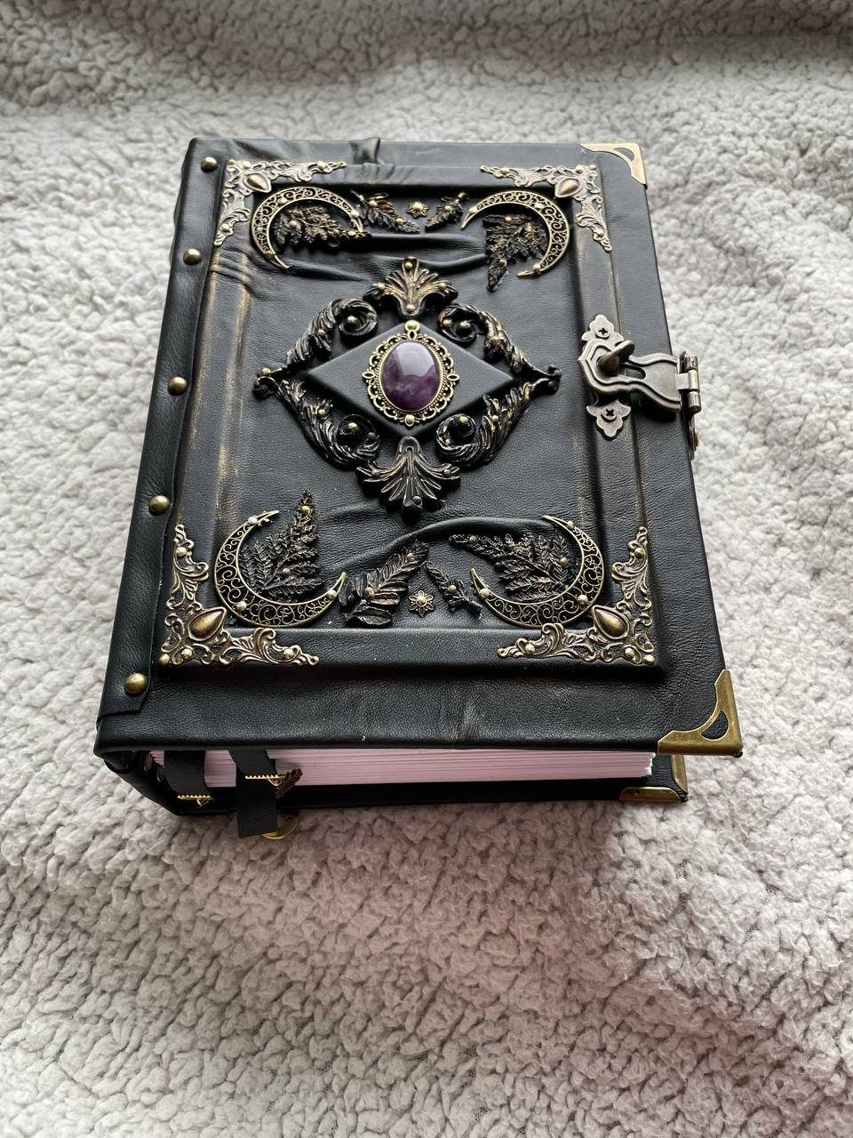 Amethyst Moon Grimoire – Leather Art Journal with Watercolor Pages, Moons Design, Handmade Spell Book