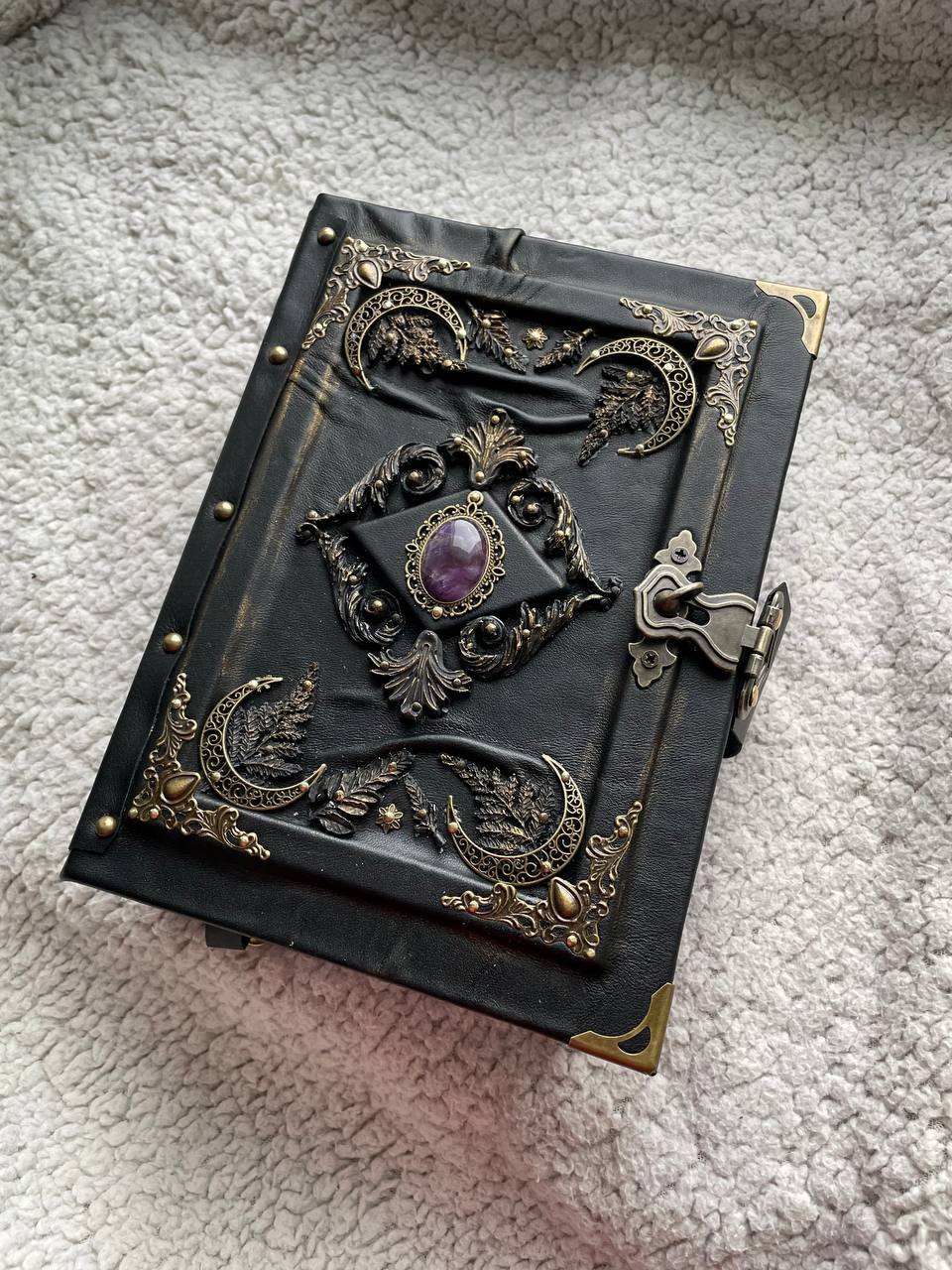 Amethyst Moon Grimoire – Leather Art Journal with Watercolor Pages, Moons Design, Handmade Spell Book