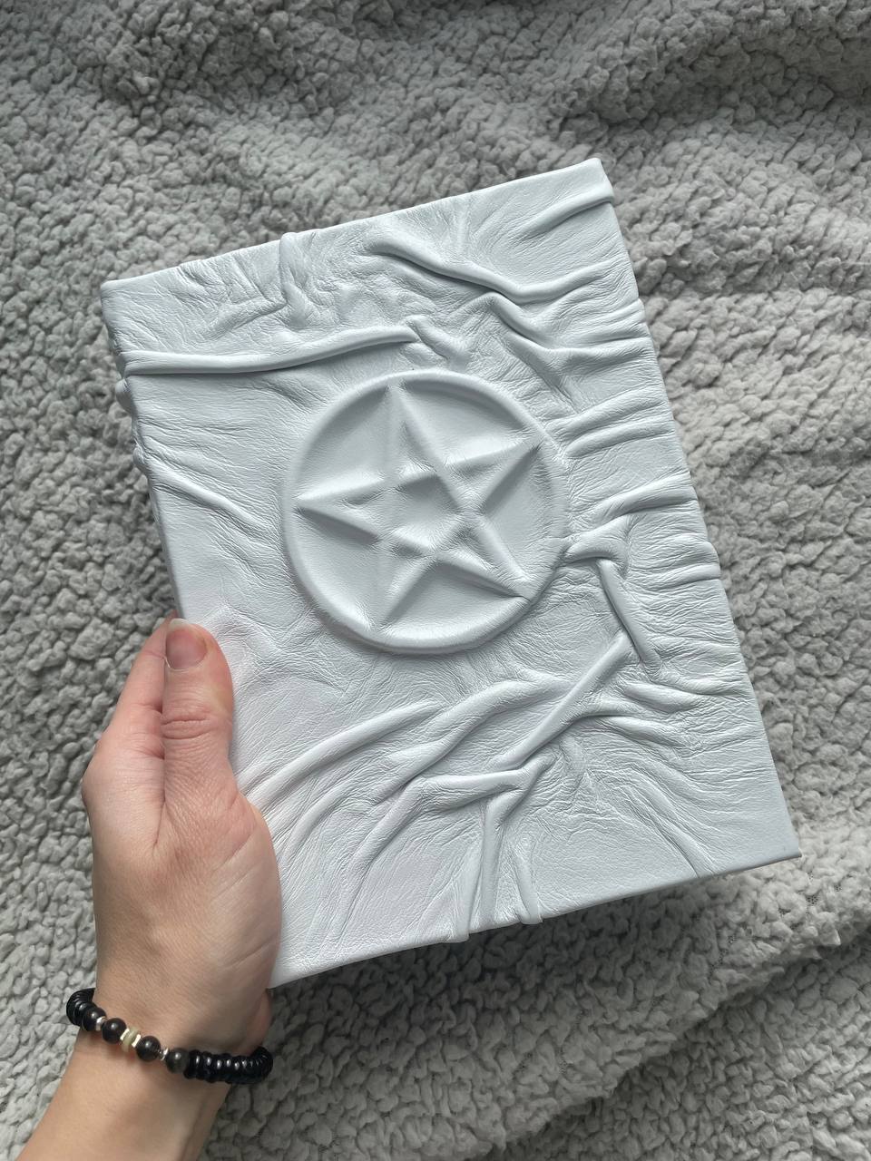 White Leather Pentagram Grimoire – Pentacle Book of Shadows, Handmade Witch Journal