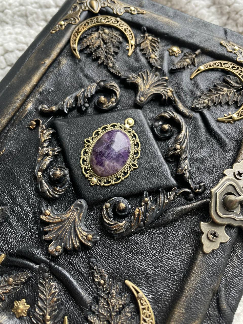 Amethyst Moon Grimoire – Witchcraft Book of Shadows, Handmade Leather Journal, Moon Phases SpellBook