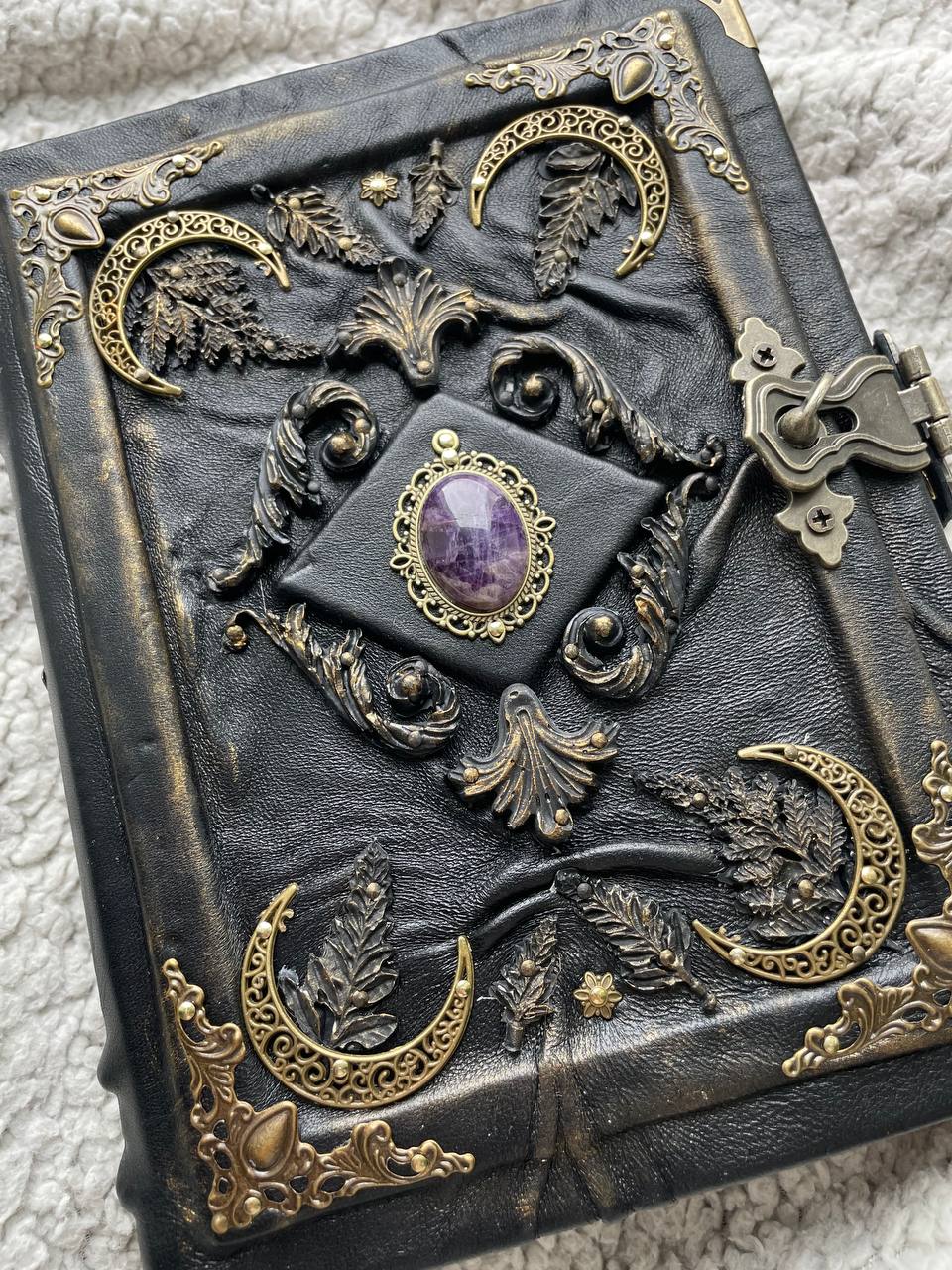 Amethyst Moon Grimoire – Witchcraft Book of Shadows, Handmade Leather Journal, Moon Phases SpellBook