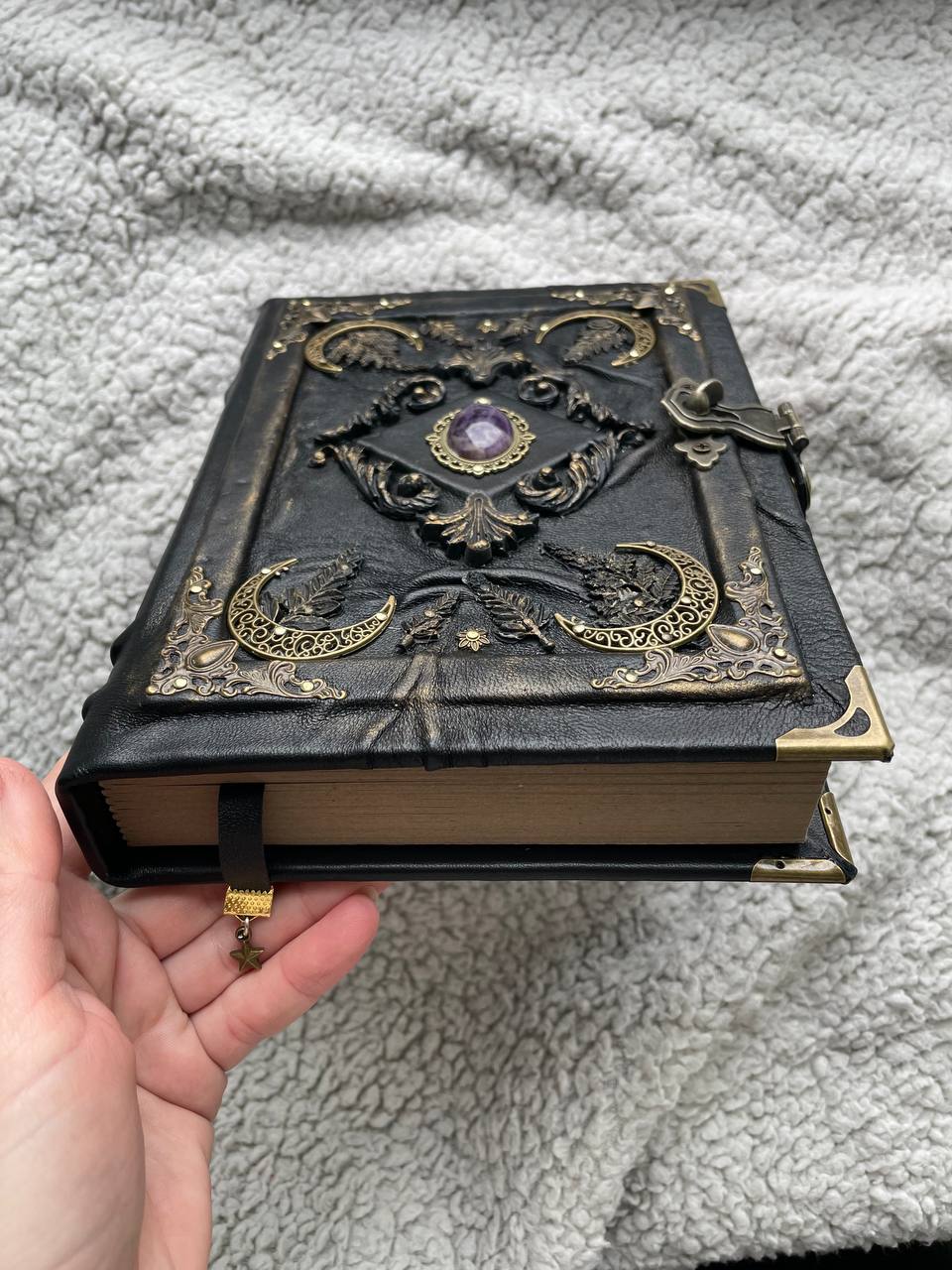 Amethyst Moon Grimoire – Witchcraft Book of Shadows, Handmade Leather Journal, Moon Phases SpellBook