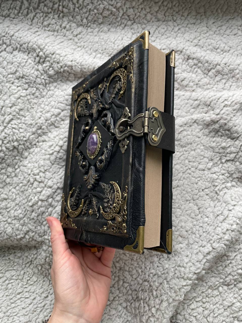 Amethyst Moon Grimoire – Witchcraft Book of Shadows, Handmade Leather Journal, Moon Phases SpellBook