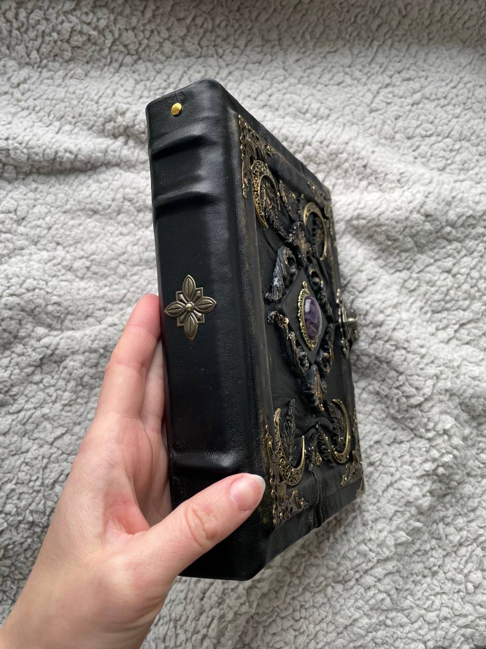 Amethyst Moon Grimoire – Witchcraft Book of Shadows, Handmade Leather Journal, Moon Phases SpellBook
