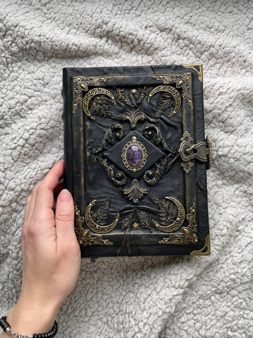 Amethyst Moon Grimoire – Witchcraft Book of Shadows, Handmade Leather Journal, Moon Phases SpellBook
