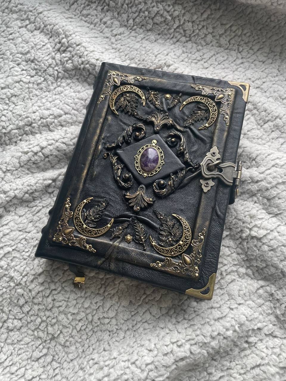 Amethyst Moon Grimoire – Witchcraft Book of Shadows, Handmade Leather Journal, Moon Phases SpellBook