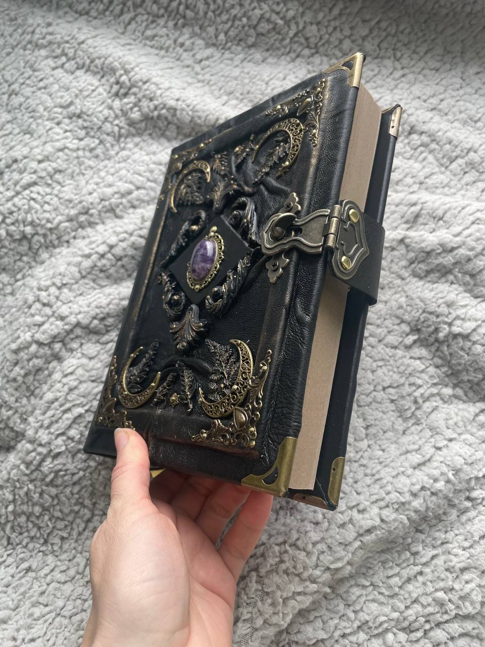 Amethyst Moon Grimoire – Witchcraft Book of Shadows, Handmade Leather Journal, Moon Phases SpellBook