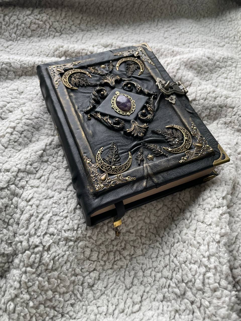 Amethyst Moon Grimoire – Witchcraft Book of Shadows, Handmade Leather Journal, Moon Phases SpellBook