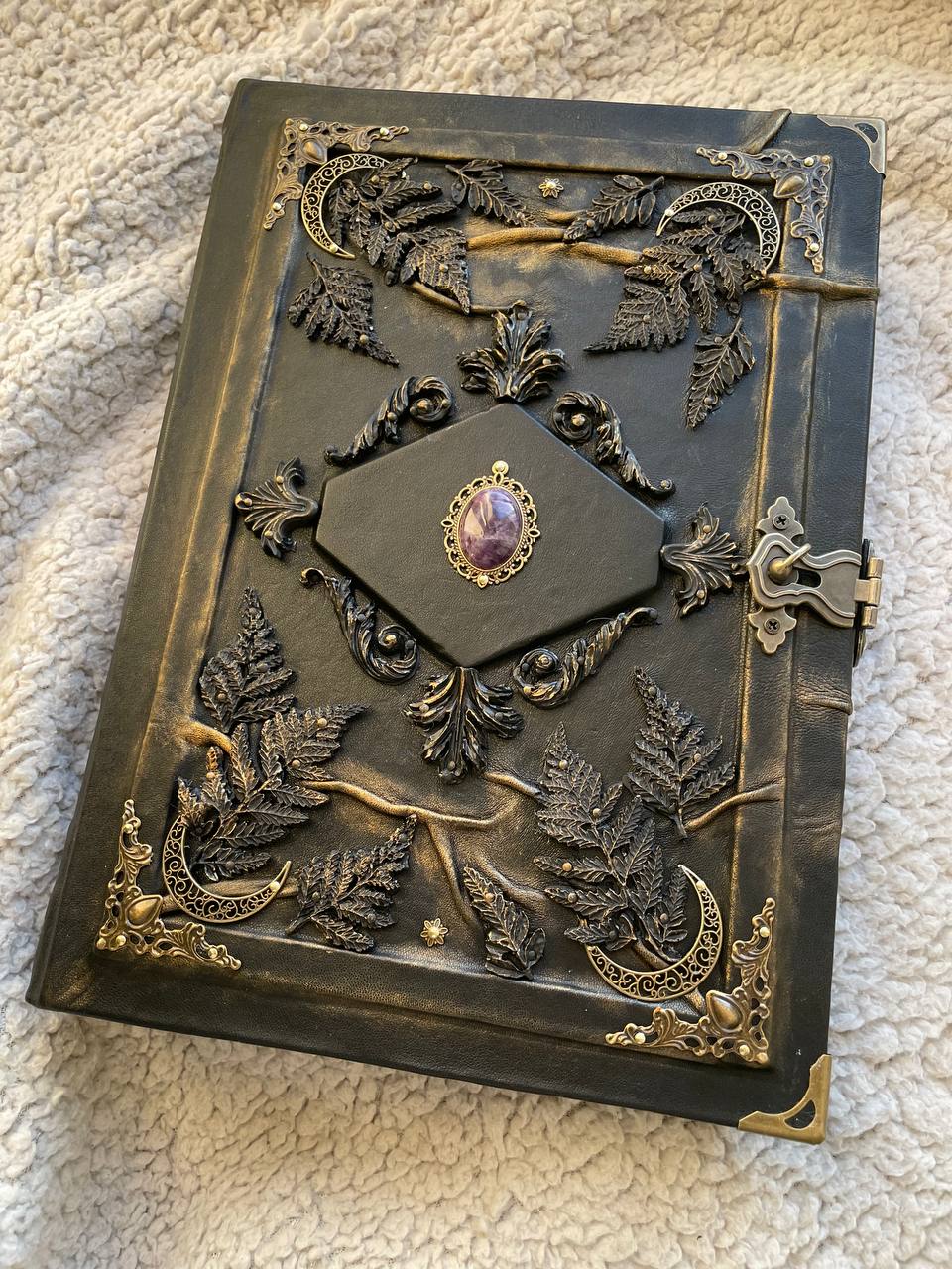 Amethyst Moon Grimoire – Witchcraft Book of Shadows, Handmade Leather Journal, Moon Phases SpellBook