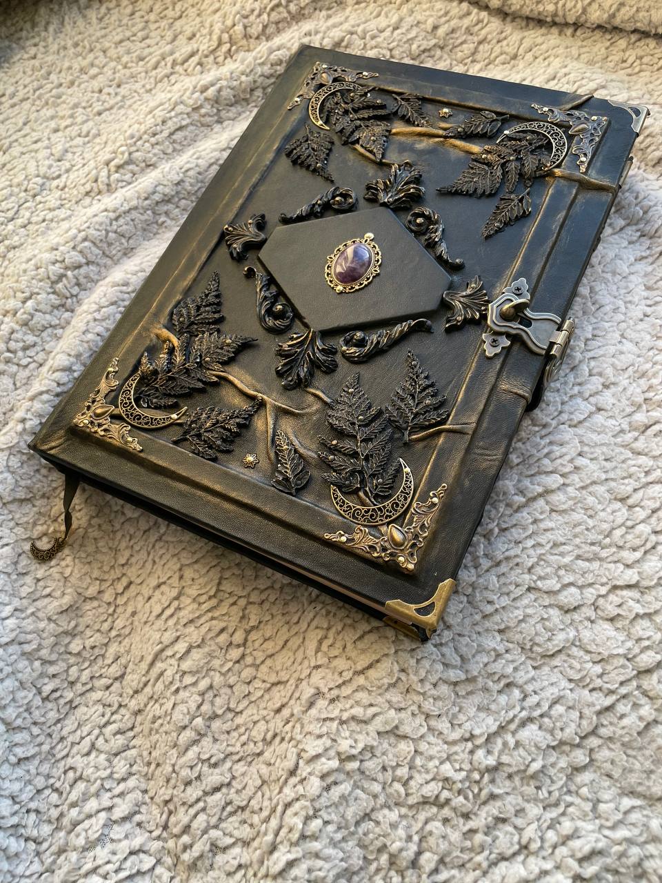 Amethyst Moon Grimoire – Witchcraft Book of Shadows, Handmade Leather Journal, Moon Phases SpellBook