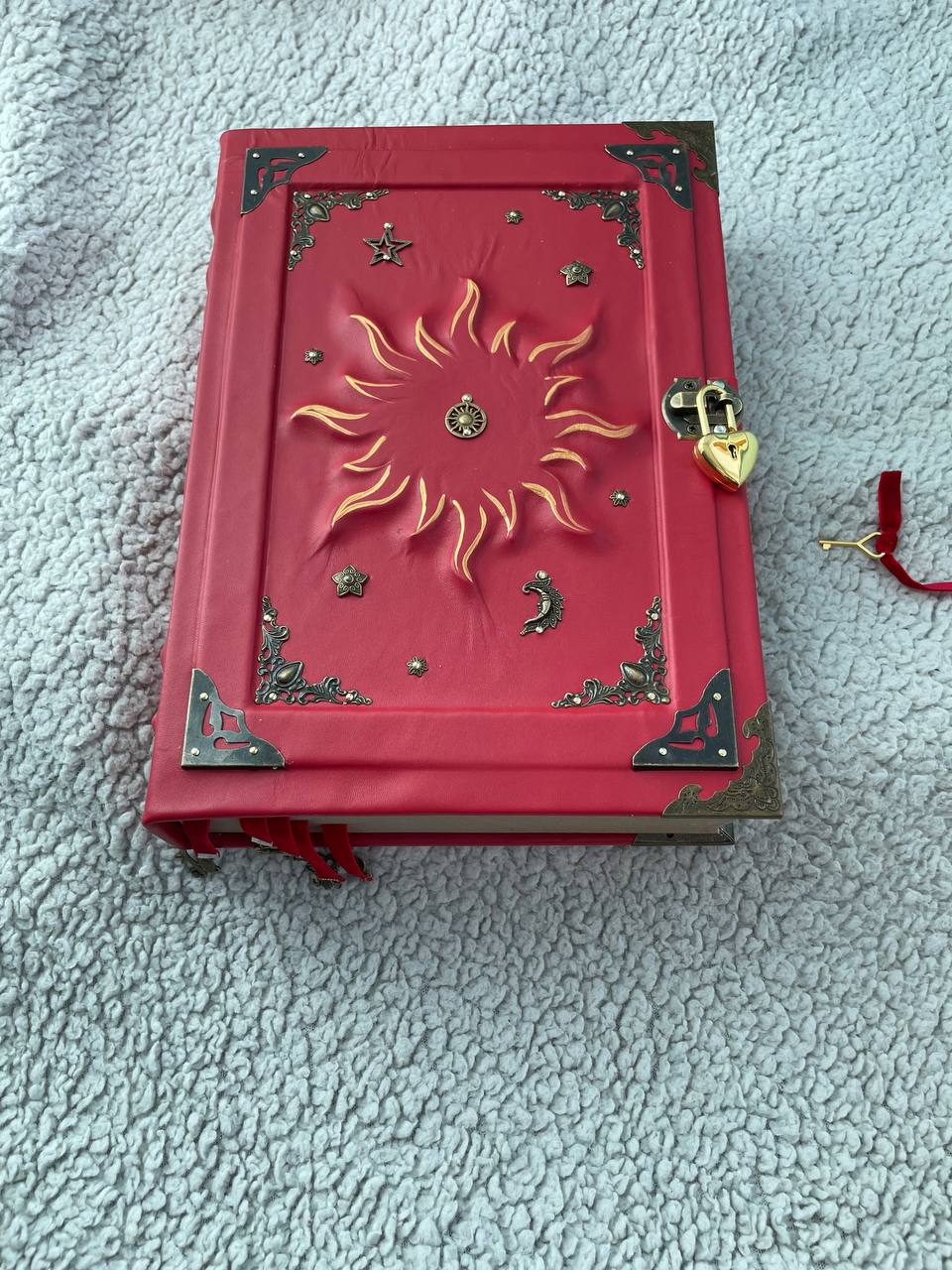 Red Sun Grimoire – Large Handmade Leather Book of Shadows, Witchcraft Spell Book, Gothic Notebook