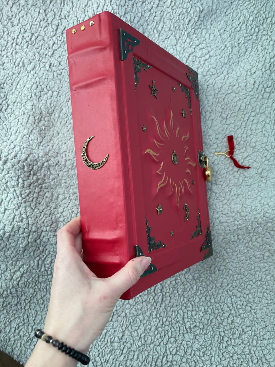 Red Sun Grimoire – Large Handmade Leather Book of Shadows, Witchcraft Spell Book, Gothic Notebook