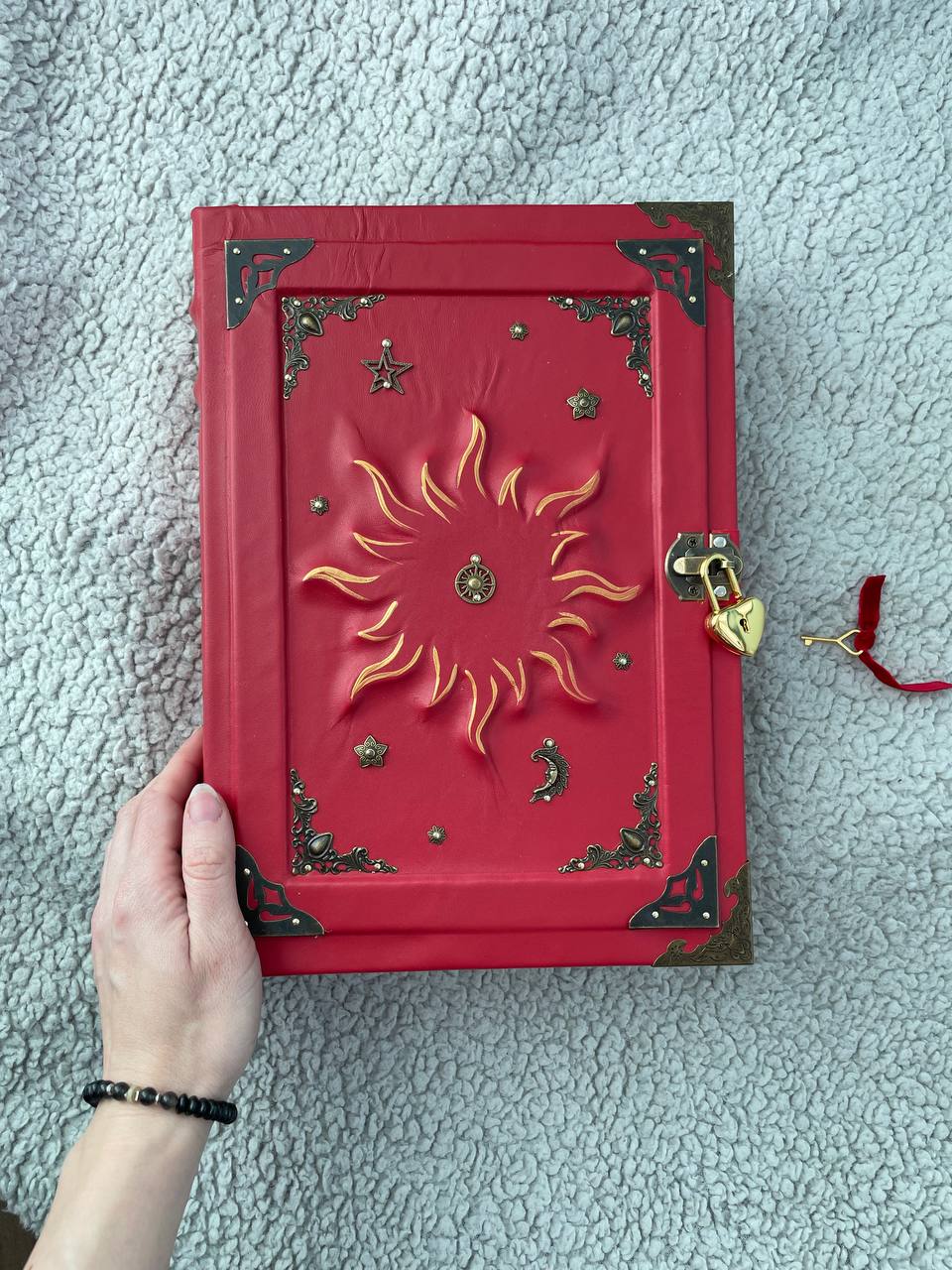 Red Sun Grimoire – Large Handmade Leather Book of Shadows, Witchcraft Spell Book, Gothic Notebook