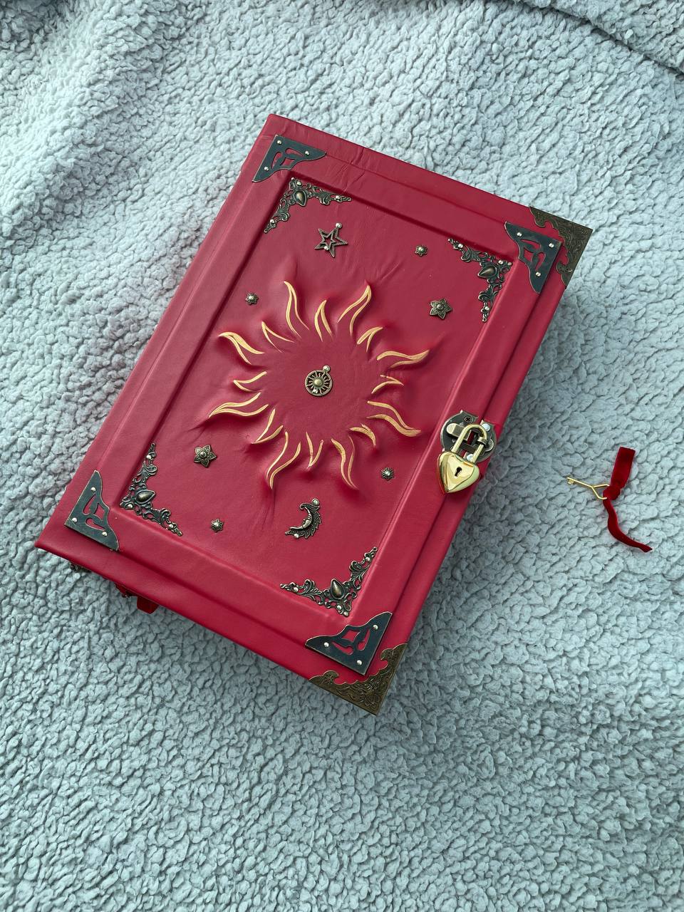 Red Sun Grimoire – Large Handmade Leather Book of Shadows, Witchcraft Spell Book, Gothic Notebook