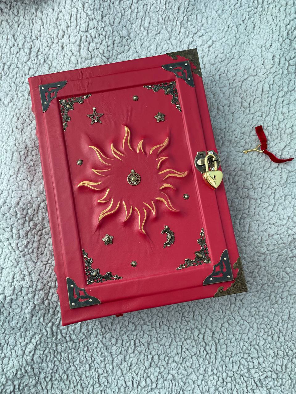 Red Sun Grimoire – Large Handmade Leather Book of Shadows, Witchcraft Spell Book, Gothic Notebook