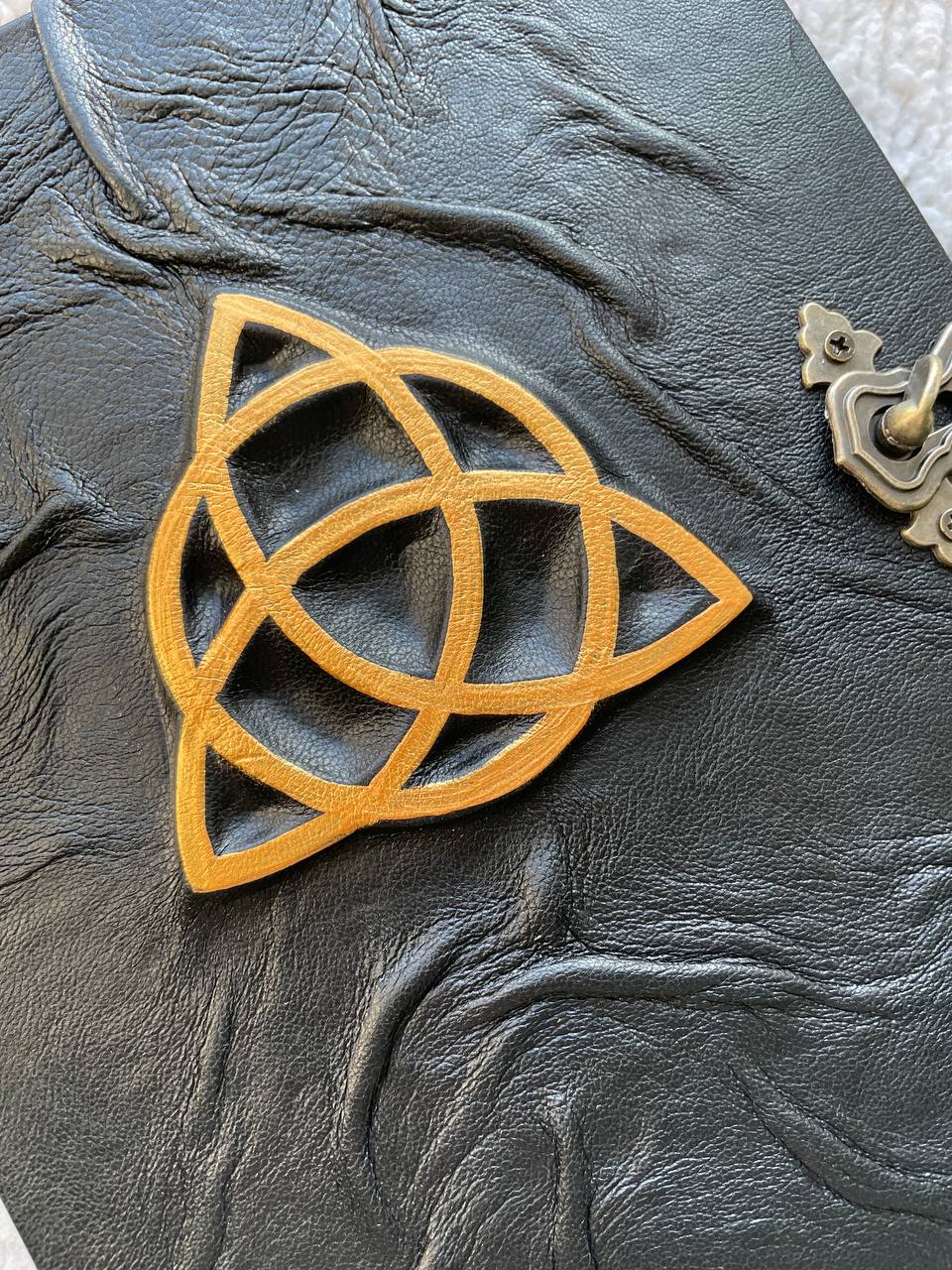 Leather Grimoire with Gold Triquetra | Book of Shadows Journal | Handmade Witch Notebook | Pagan Gift