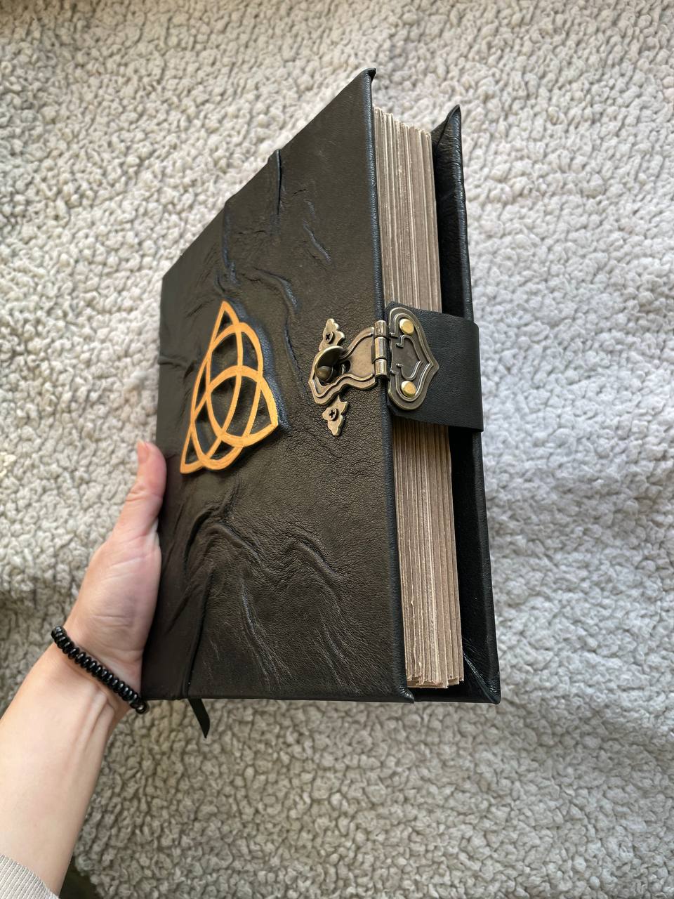 Leather Grimoire with Gold Triquetra | Book of Shadows Journal | Handmade Witch Notebook | Pagan Gift