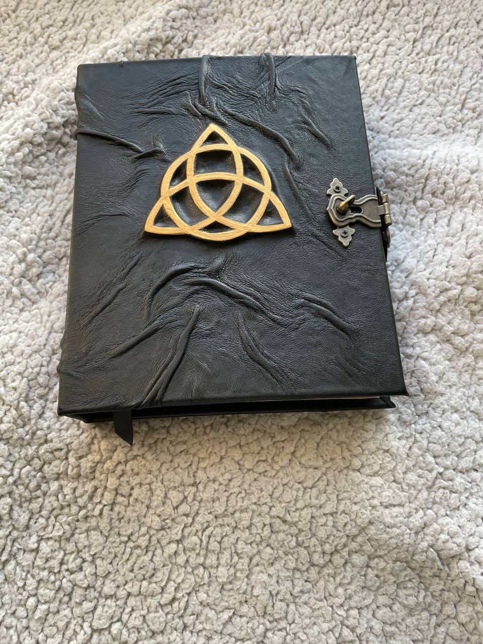 Leather Grimoire with Gold Triquetra | Book of Shadows Journal | Handmade Witch Notebook | Pagan Gift
