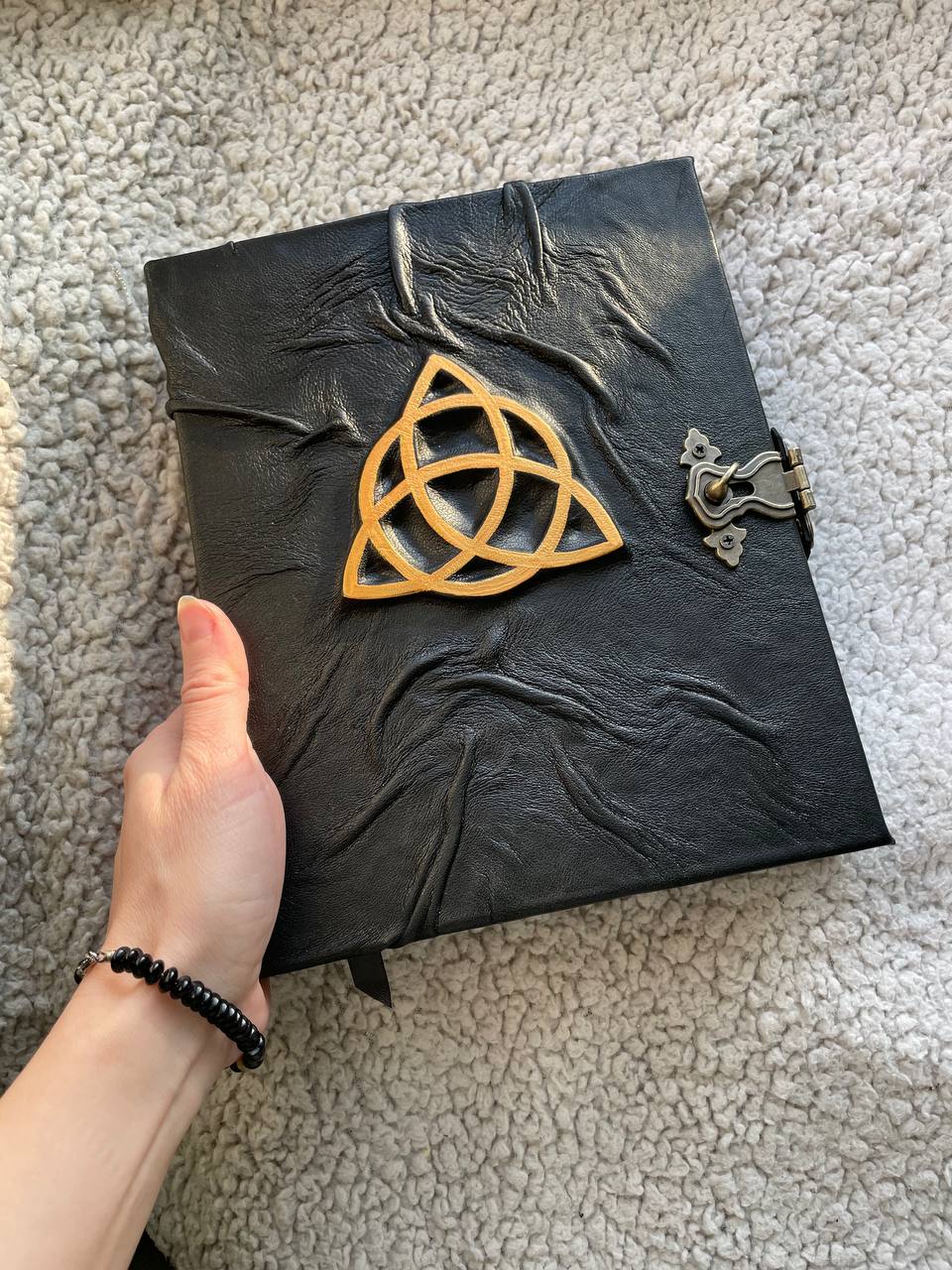 Leather Grimoire with Gold Triquetra | Book of Shadows Journal | Handmade Witch Notebook | Pagan Gift