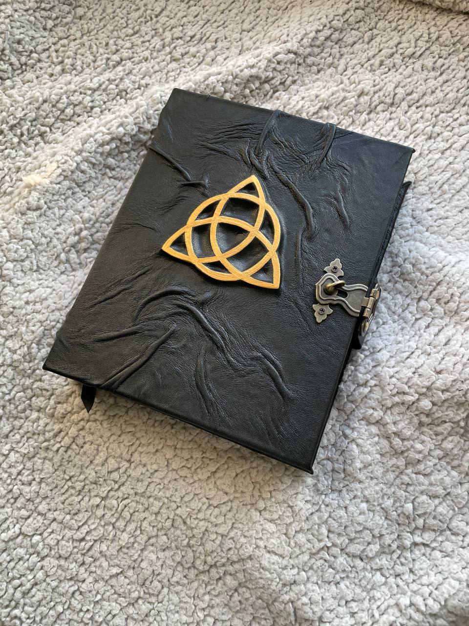 Leather Grimoire with Gold Triquetra | Book of Shadows Journal | Handmade Witch Notebook | Pagan Gift