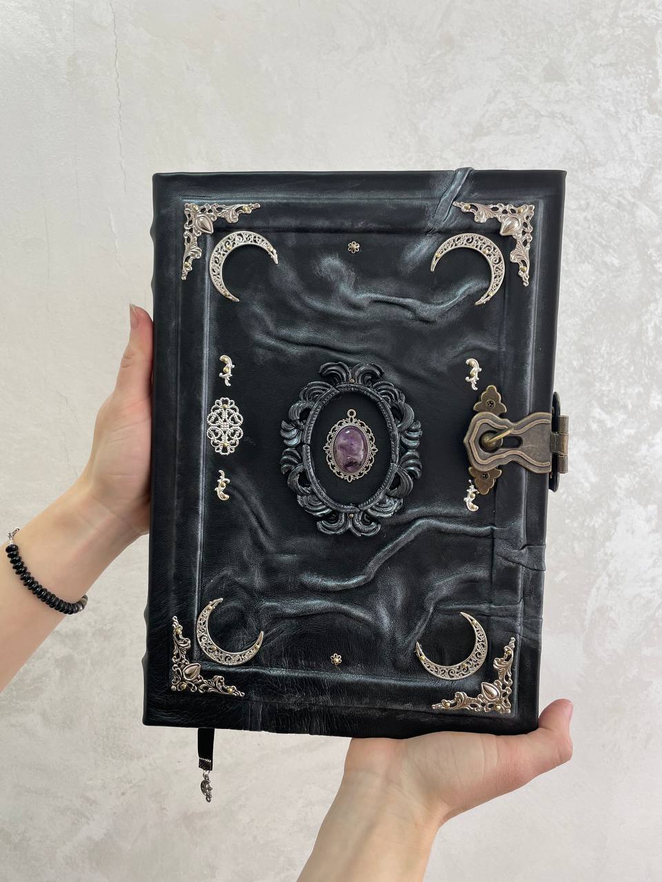 Amethyst Gothic Grimoire | Purple Moon Leather Book of Shadows | Handmade Witch Journal | Occult Gift