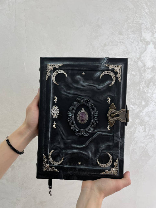 Amethyst Gothic Grimoire | Purple Moon Leather Book of Shadows | Handmade Witch Journal | Occult Gift