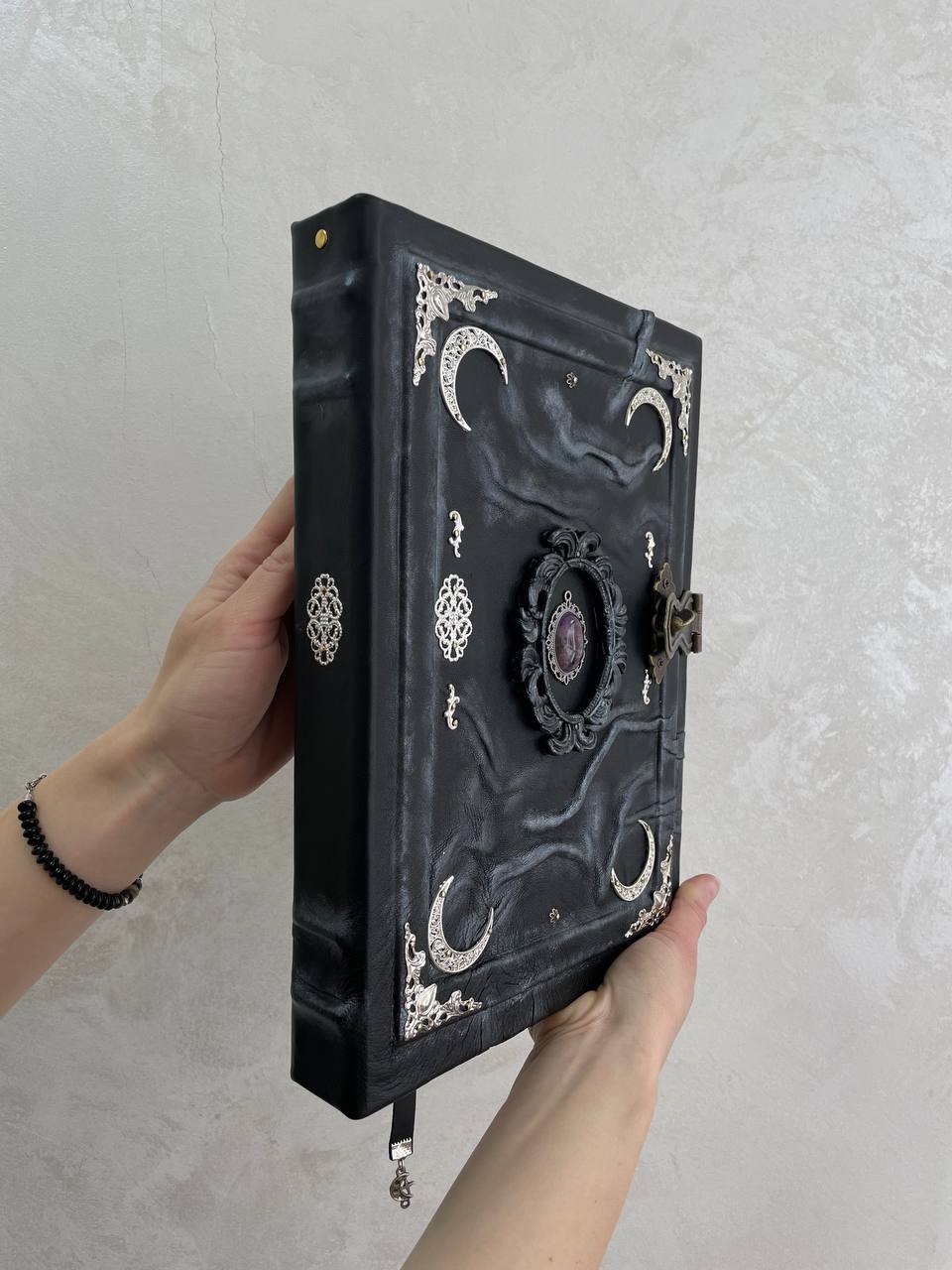 Amethyst Gothic Grimoire | Purple Moon Leather Book of Shadows | Handmade Witch Journal | Occult Gift