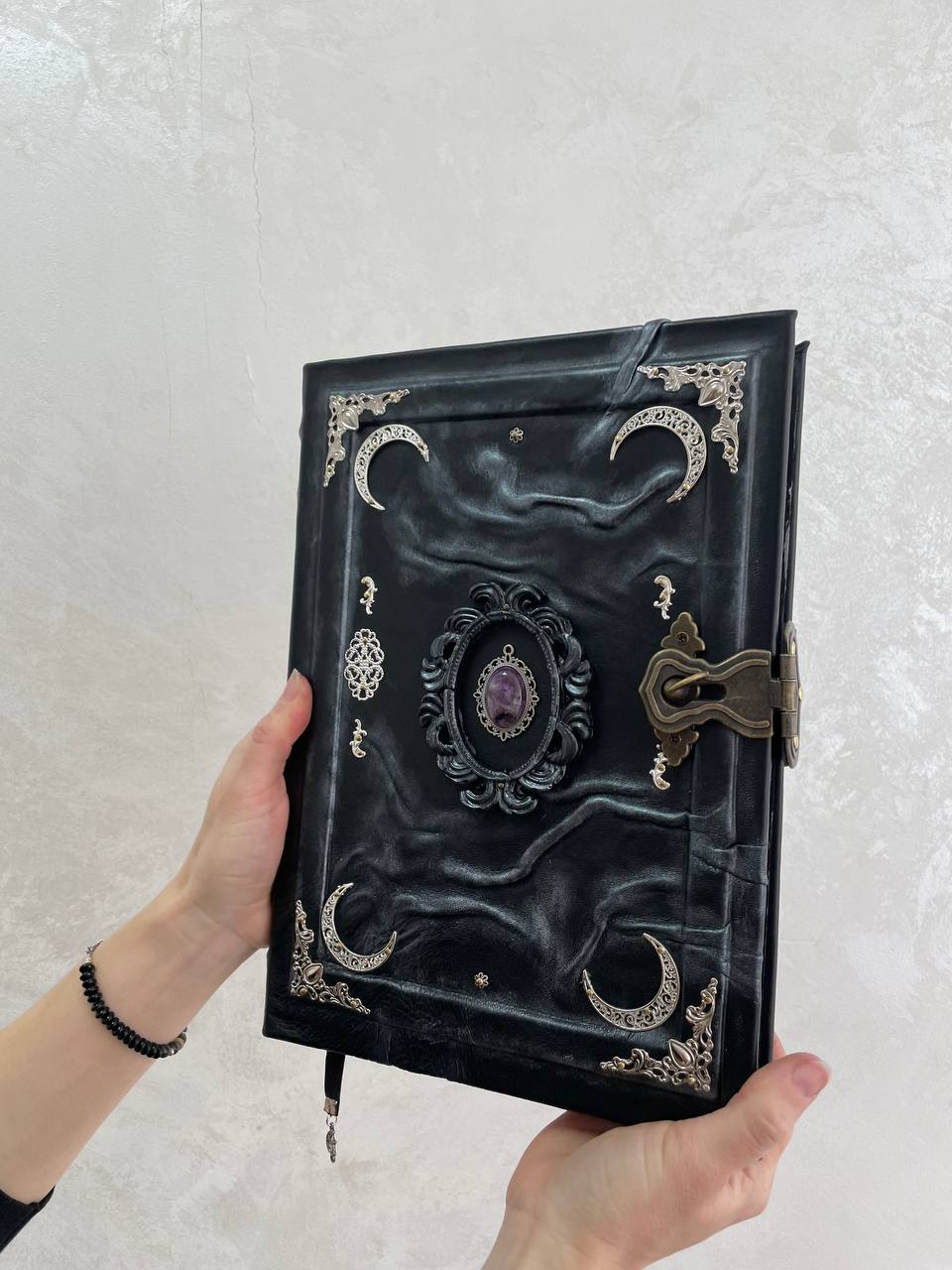 Amethyst Gothic Grimoire | Purple Moon Leather Book of Shadows | Handmade Witch Journal | Occult Gift