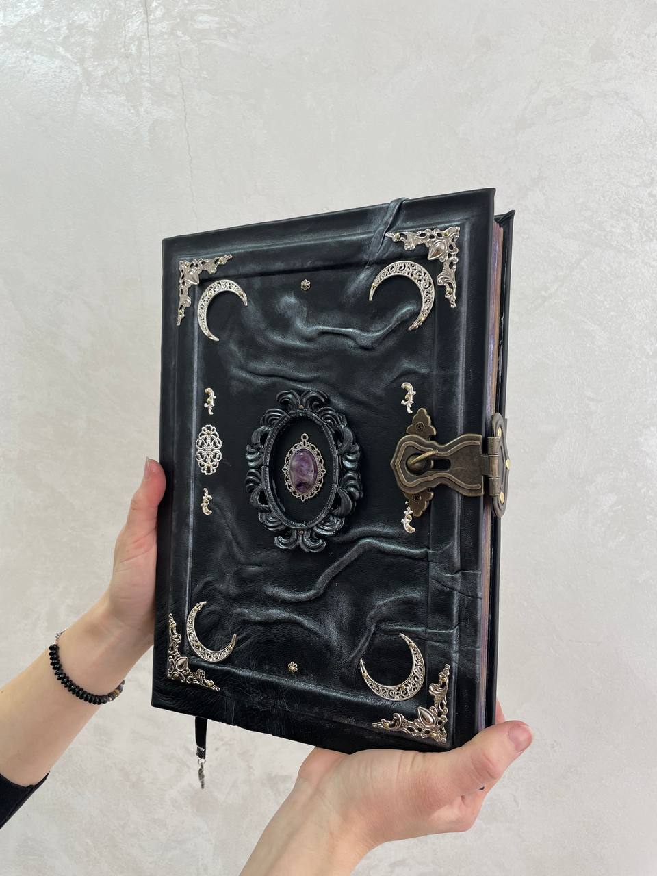 Amethyst Gothic Grimoire | Purple Moon Leather Book of Shadows | Handmade Witch Journal | Occult Gift